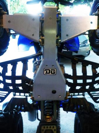 yamaha raptor 250 project part 3, Here s a look at DG Performance s Baja skid plate and A arm guards after the install