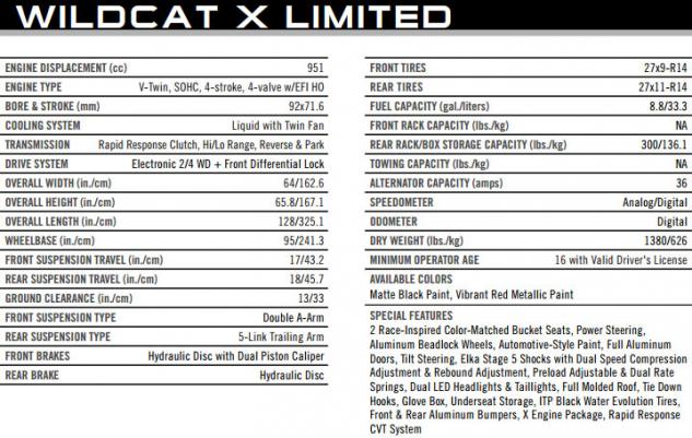 arctic cat unveils 2014 wildcat x limited, 2014 Arctic Cat Wildcat X Limited Specs