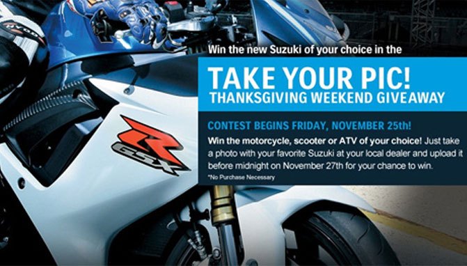 Win a Suzuki ATV or Motorcycle on Thanksgiving Weekend