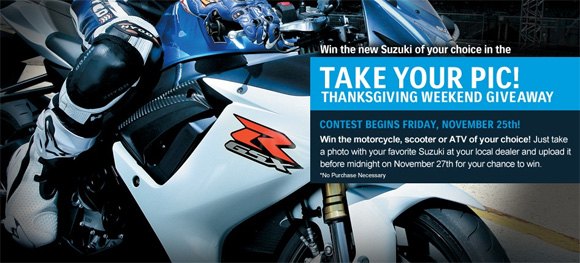 win a suzuki atv or motorcycle on thanksgiving weekend