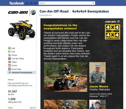 brp gets creative with social marketing, Can Am Off Road ATV Sweepstakes Page