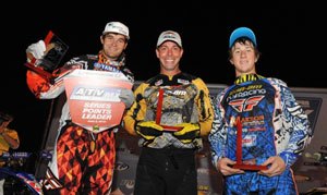 natalie earns first atvmx win of season, John Natalie center is flanked by Chad Wienen left and Josh Upperman right on the podium