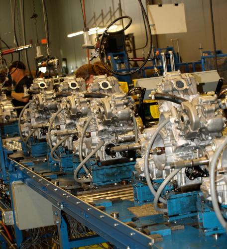 inside arctic cat s engine assembly plant, Newly Assembled Arctic Cat Engines