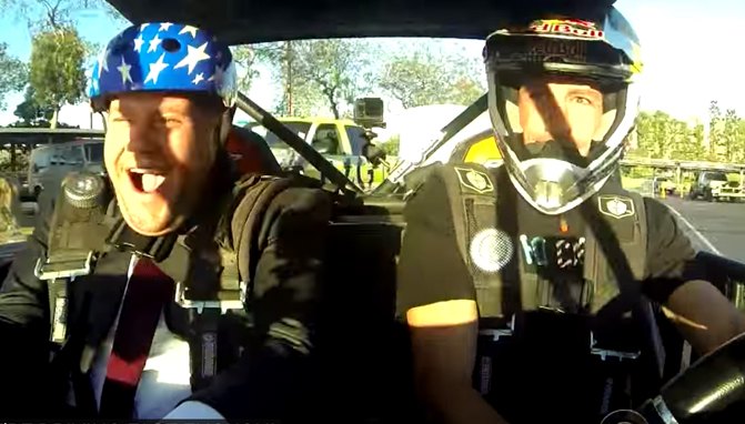 travis pastrana takes late night tv s james corden for a ride in a rzr video