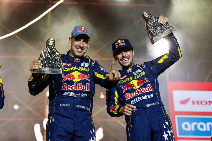 suprises and trophies at the dakar rally, Austin Jones with Gustavo Gugelmin celebrating at Dakar Photo Red Bull