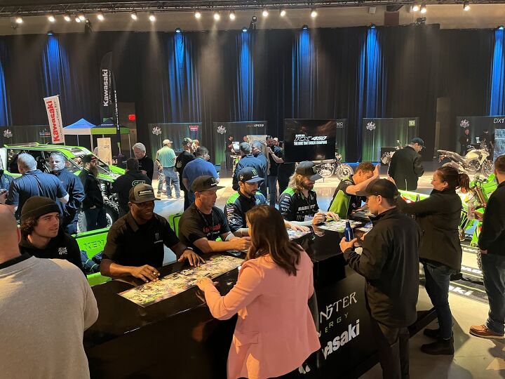 kawasakis 2024 north american dealer meeting, Autograph tables are always a hit at the dealer meetings and this was no exception The line was deep to get signed posters from Jeremy McGrath Jason Anderson Adam Cianciarulo Jason Britton Axle Hodges and more